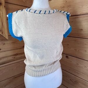 Vintage Nipatu Cotton Knit Top Size Small Cream Blue Whipstitch Coastal Y2K Shi